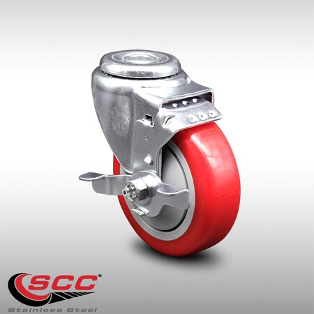 Service Caster 4 Inch SS Red Polyurethane Wheel Swivel Bolt Hole Caster with Brake SCC SCC-SSBH20S414-PPUB-RED-TLB